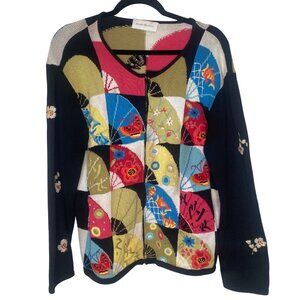 Susan Bristol Colorful Patchwork Cardigan Sweater W/ Embroidery Size M Full Zip
